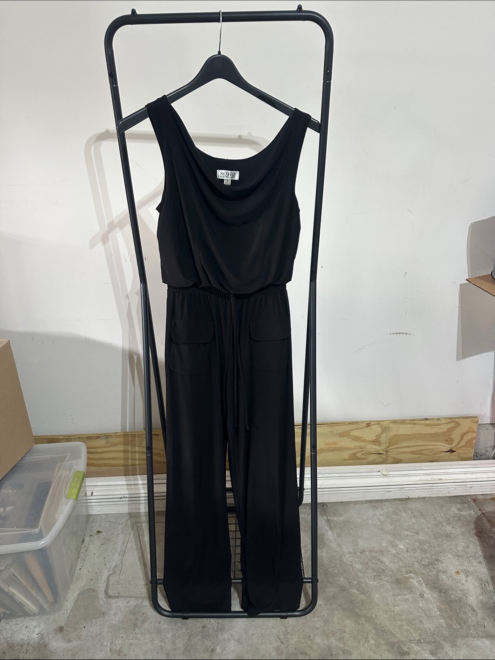 Soho Black Sleeveless Draped-Neck Wide-Leg Jumpsuit with Drawstring